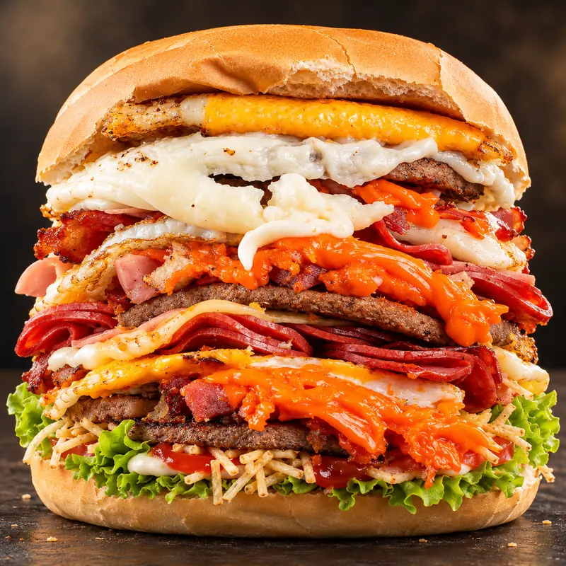 O Super Mata, reconstrução ilustrativa com três carnes e recheios